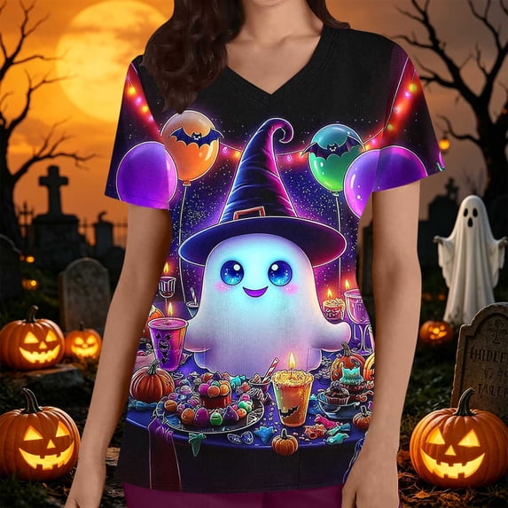 Karymi Womens Workout Tops Halloween Print V Neck Scrub Top, Short Sleeve Casual Uniform T-Shirt with Pockets, Work Blouse for Nurse Daily Blouses for Women Dressy Casual