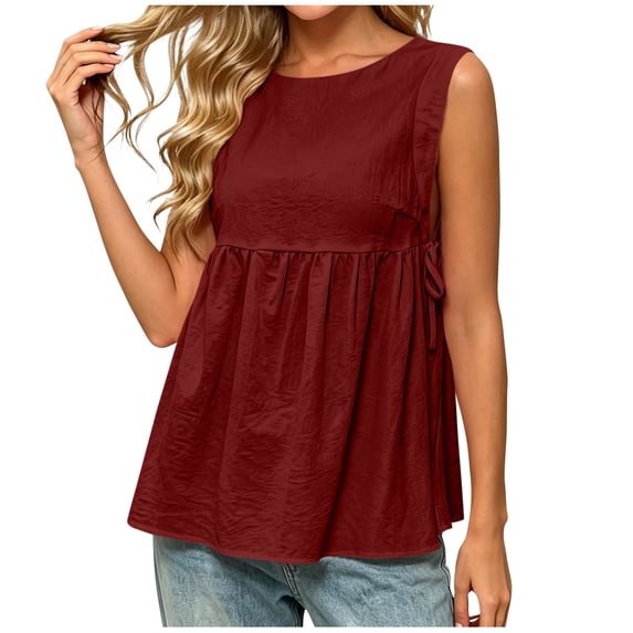 Karymi Womens Workout Tops Round Neck Side Drawstring Cut‑Out Sleeveless Peplum Tank Top, Solid Crinkled Textured Loose‑Fit Blouse, Split Side Summer A-line Shirt Womens Blouses