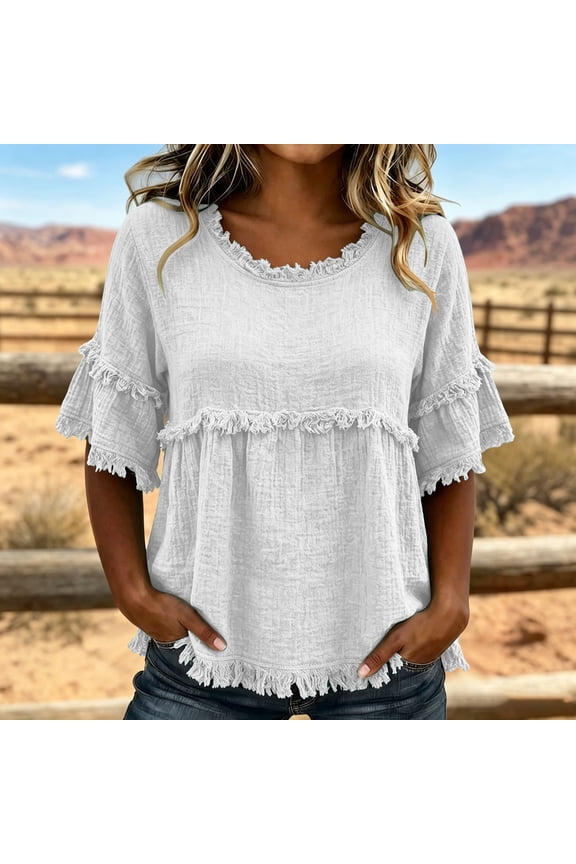 Womens Workout Tops Solid Crinkle Blouse, Ruffle Fringe Crew Neck Double Layer Flounce Short Sleeve Raw Frayed Trim Loose Gathered Pullover Top Womens T Shirts