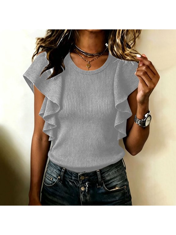 Womens Workout Tops Solid Ruffle Short Sleeve Top, Crew Neck Double Layer Flutter Cap Tank Slim Fit Pullover Tee, Frill Shoulder Casual Blouse Womens T Shirts