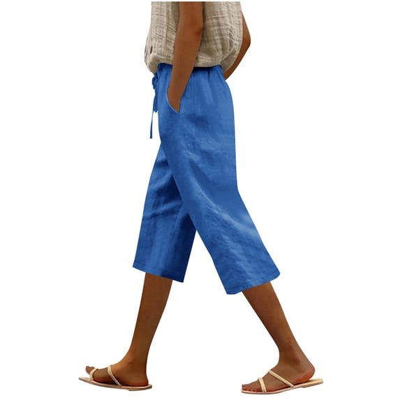 Karymi Work Pants Casual Straight-Leg Solid Short Loose Breathable Palazzo Trousers Lightweight Cotton Linen Fabric Skin-Friendly Pants String Trousers with Pockets