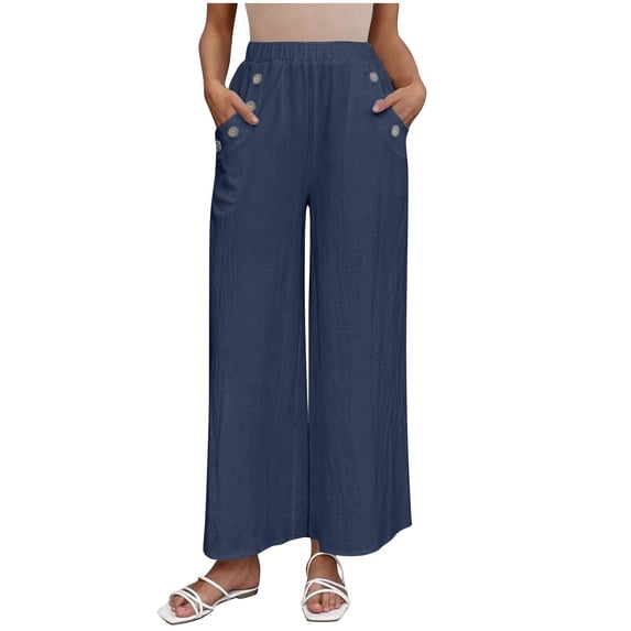 Karymi Work Pants Fashion Straight-Leg Solid Long Trousers Loose Breathable Cotton Linen Fabric Skin-Friendly Pants Button Long Women Pants with Pockets