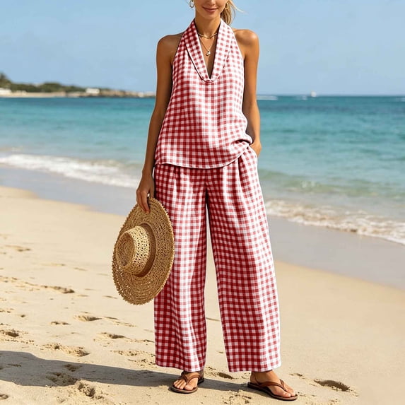 Karymi Workout Sets for Women 2 Piece Gingham Linen Blend Outfit Set, V Neck Sleeveless Loose Pullover Tank Top+Elastic High Waist Wide Leg Pants with Pockets Cute Tops for Women