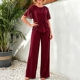 thumbnail image 1 of Karymi Workout Sets for Women Chiffon Spliced 2 Piece Dressy Outfit Set, Crew Neck Flutter Short Sleeve Cross Ruffle Layered Top, High Waist Straight Wide Leg Pants Summer Tops for Women 2026, 1 of 6