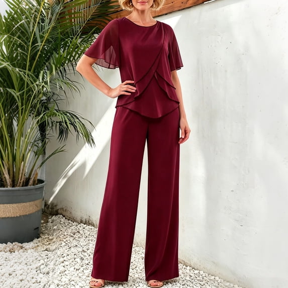Karymi Workout Sets for Women Chiffon Spliced 2 Piece Dressy Outfit Set, Crew Neck Flutter Short Sleeve Cross Ruffle Layered Top, High Waist Straight Wide Leg Pants Summer Tops for Women 2026