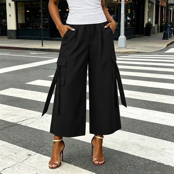 Karymi Workout Shorts Women Elastic High Waist Cargo Capri Pants, Wide Leg Cropped Trousers with Ribbon Detail and Pockets, Casual Solid Culotte Pants Women's Pants