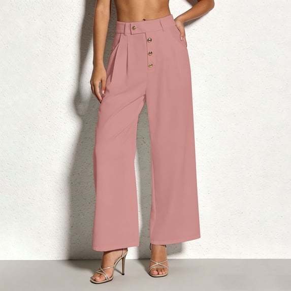 Karymi Workout Shorts Women High Waist Button Front Wide Leg Dress Pants, Solid Pleated Trousers with Elastic Waist, Straight Leg Suit Pants with Pockets Summer Outfits