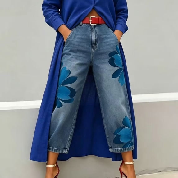 Karymi Jeans for Women High Waist Floral Print, Large Flower Pattern Loose Wide Leg Denim Trousers with Side Pockets