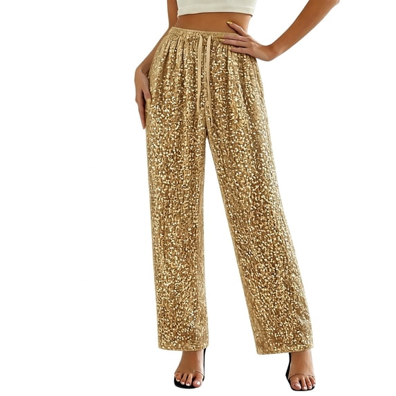 Karymi Workout Shorts Women Sequin Wide Leg Pants, Drawstring Elastic High Waist Straight Ankle Trousers, Sparkly Party Casual Long Pants