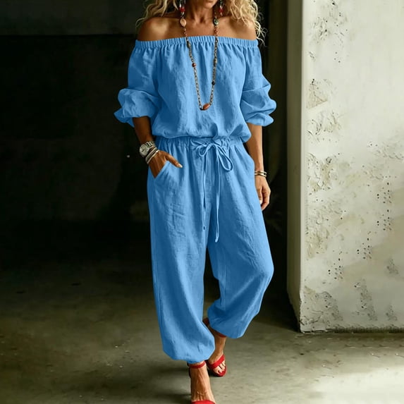 Karymi Workout Shorts Women Solid Linen Blend Off Shoulder Jumpsuit, Elastic Drawstring Waist 3/4 Rolled Sleeve Ankle Cuff Harem Long Pants with Side Pockets Running Shorts for Women