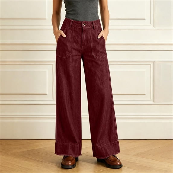 Karymi Workout Shorts Women Solid Wide Straight Leg Chambray Pants, Single Button Zipper Fly High Waist Patch Pocket Full Length Fake Denim CTrousers Workout Shorts Women