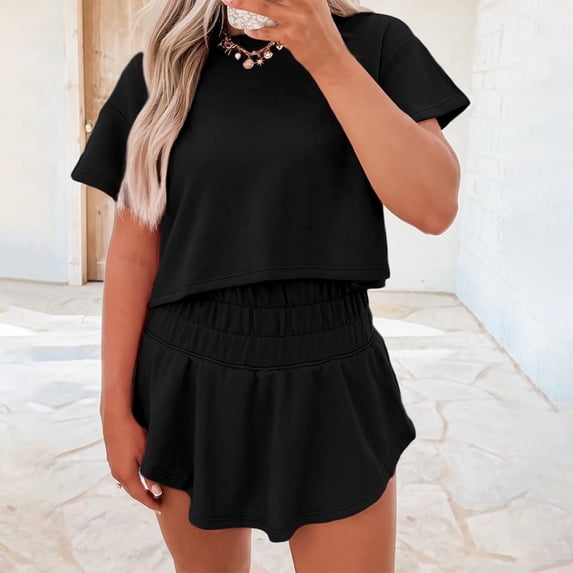 Karymi Workout Tops for Women 2 Piece Set, Crew Neck Short Sleeve Cropped Loose Tee Top & Elastic High Waist Tiered Ruffle Mini Skort Vacation Outfits for Women
