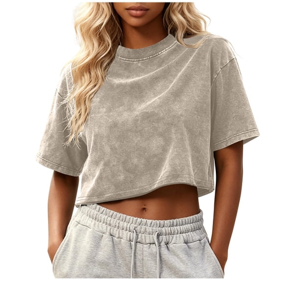 Karymi Workout Tops for Women Crew Neck Cropped Short Sleeve T‑Shirt, Tie‑Dye Texture Print Casual Summer Crop Top, Loose Fit Blouse Summer Tops for Women 2025