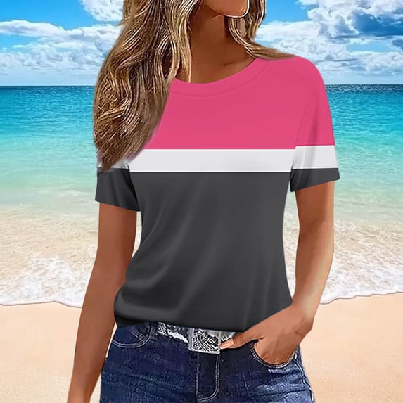 Karymi Workout Tops for Women Horizontal Color Block T-Shirt, Crew Neck Regular Short Sleeve Striped Loose Straight Pullover Tee Plus Size Tops for Women