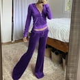 thumbnail image 1 of Karymi Workout Tops for Women Velour Tracksuit 2-Piece Set, Full Zip Hooded Jacket with Pockets + High Rise Drawstring Flare Pants, Casual Outfit Tops for Women Trendy, 1 of 7