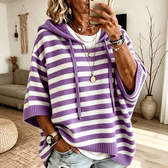 Karymi Workout Tops for Women Horizontal Striped Knit Hooded Sweater, 3/4 Short Sleeve Loose Drawstring Pullover Top Womens Tops Dressy Casual