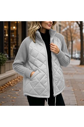 Karymi Zip‑Up Quilted Padded Jackets for Women, Stand Collar Cable Knit Raglan Sleeve Patchwork Winter Outerwear with Side Pockets