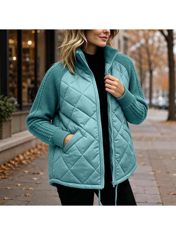 Karymi Zip‑Up Quilted Padded Jackets for Women, Stand Collar Cable Knit Raglan Sleeve Patchwork Winter Outerwear with Side Pockets