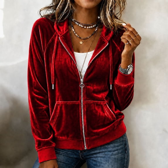 Karymi Zip‑Up Velvet Hooded Jackets for Women, Drawstring Hood Long Sleeve Casual Outerwear with Kangaroo Pocket