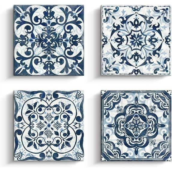 Kas Home Boho Flower Room Decor Canvas Modern Abstract Paintings Wall Art Navy Floral Pictures Prints 4 Panels Artwork for Bedroom Bathroom Living Room Office Home Decorations (14 x 14 x 4, Blue)