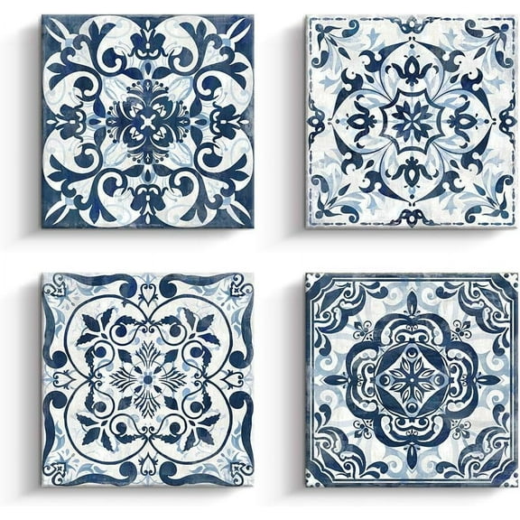 Kas Home Boho Flower Room Decor Canvas Modern Abstract Paintings Wall Art Navy Floral Pictures Prints 4 Panels Artwork for Bedroom Bathroom Living Room Office Home Decorations (14 x 14 x 4, Blue)