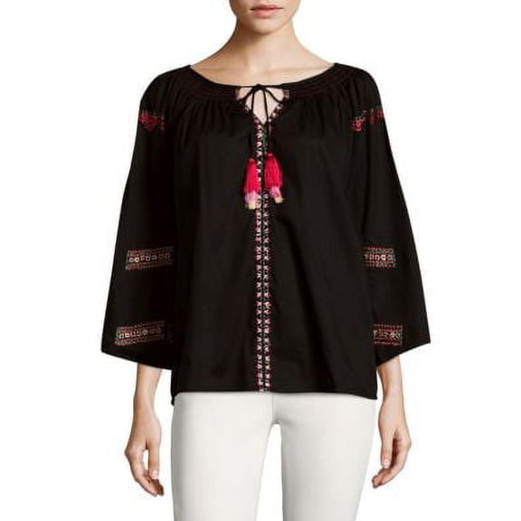 Kas New York BLACK Women's Embroidered Peasant Top, US Small