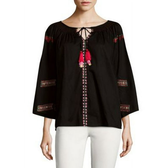 Kas New York BLACK Women's Embroidered Peasant Top, US X-Small