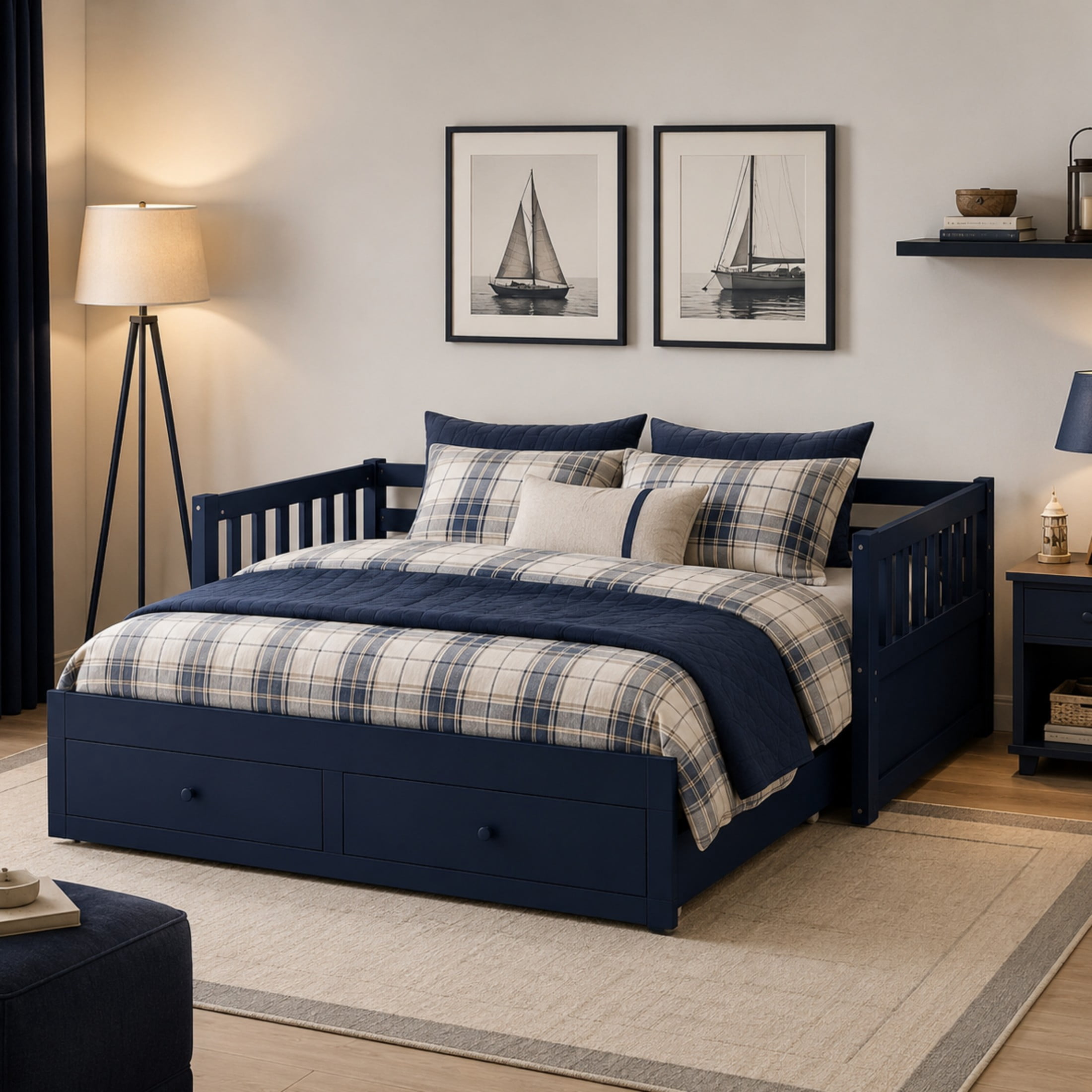 Noble House Twin to King Extendable Daybed with Pull-Out Trundle, 2 Drawers & Guardrails, Blue