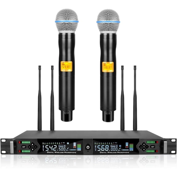 Kaschun Dual UHF Auto Scan Handheld Wireless Microphone System 2 Dynamic Mics, 2 x 100 Frequencies, 328 ft Range, Live Vocals, Karaoke Events, Worship Services