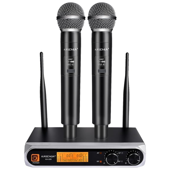 Kaschun Wireless Microphone System, UHF Dual Handheld Dynamic Mics with Metal Receiver, 100ft Range, for Karaoke Church DJ Wedding Home KTV