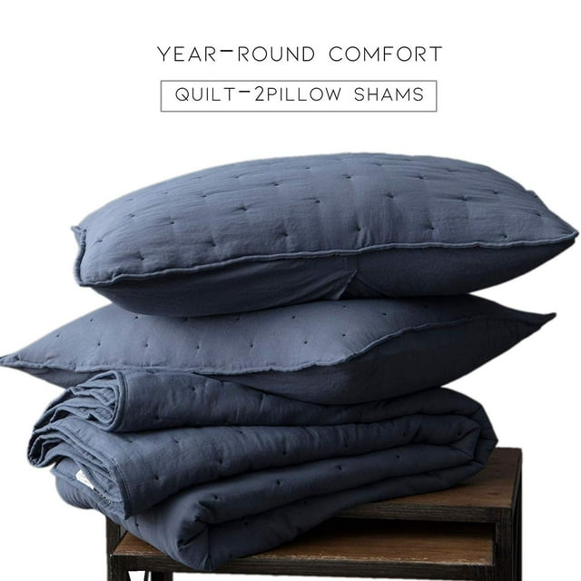 Kasentex  3-Piece Quilt Set Ultra Soft Microfiber Stone-Washed Lightweight All Season Blue King