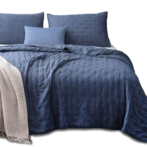 Kasentex 3-Piece Quilt Set Ultra Soft Microfiber Stone-Washed Lightweight All Season Blue Queen