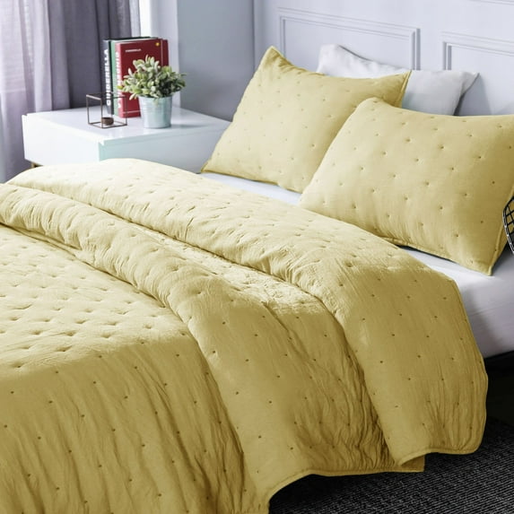 Kasentex 3-Piece Quilt Set Ultra Soft Microfiber Stone-Washed Lightweight All Season Yellow Queen