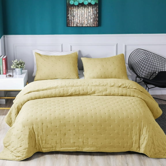 Kasentex  3-Piece Quilt Set Ultra Soft Microfiber Stone-Washed Lightweight All Season Yellow Twin