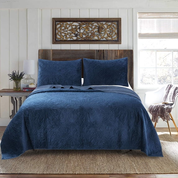 Kasentex 3-Piece Stone Washed Quilt Set Soft Cotton Floral Velveteen Bedspread Coverlet Set Navy Queen