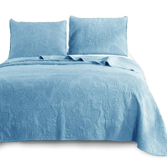 Kasentex 3-Piece Stone Washed Quilt Set Soft Cotton Reversible Bedspread Coverlet Set Light Blue Queen