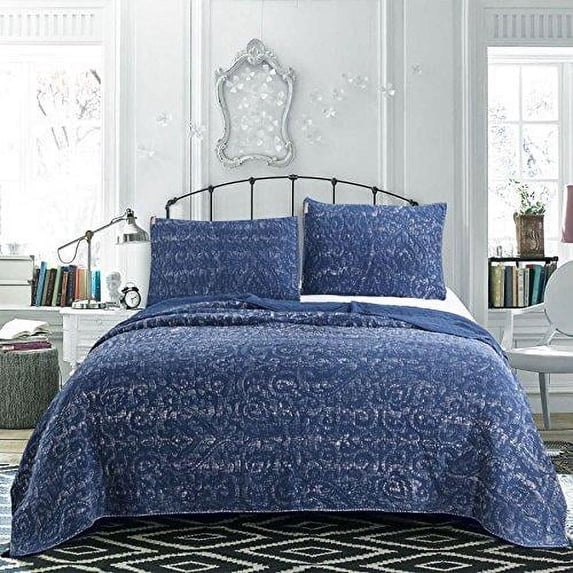 Kasentex 3-Piece Stone Washed Quilt Set Soft Cotton Reversible Bedspread Coverlet Set White-Navy King