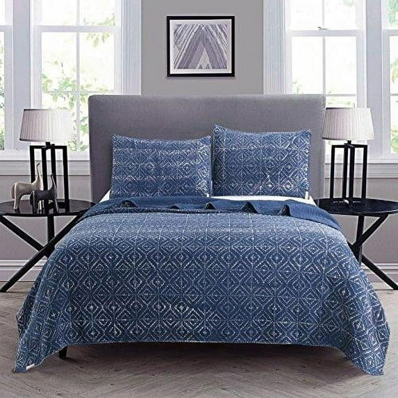 Kasentex 3-Piece Stone Washed Quilt Set Soft Cotton Reversible Bedspread Coverlet Set White-Navy Queen