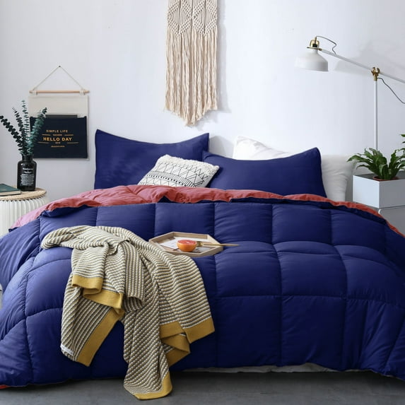 Kasentex All Season Down Alternative Quilted Comforter Set Reversible Ultra Soft Duvet Insert Machine Washable Navy/Coral Queen Reversible,
