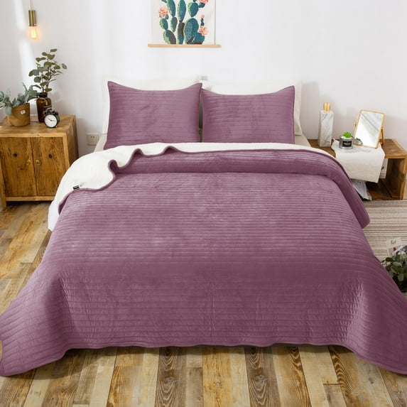 Kasentex All Season Plush Poly Velvet Quilt Set with Reversible Fleece Micromink Sherpa Purple Queen
