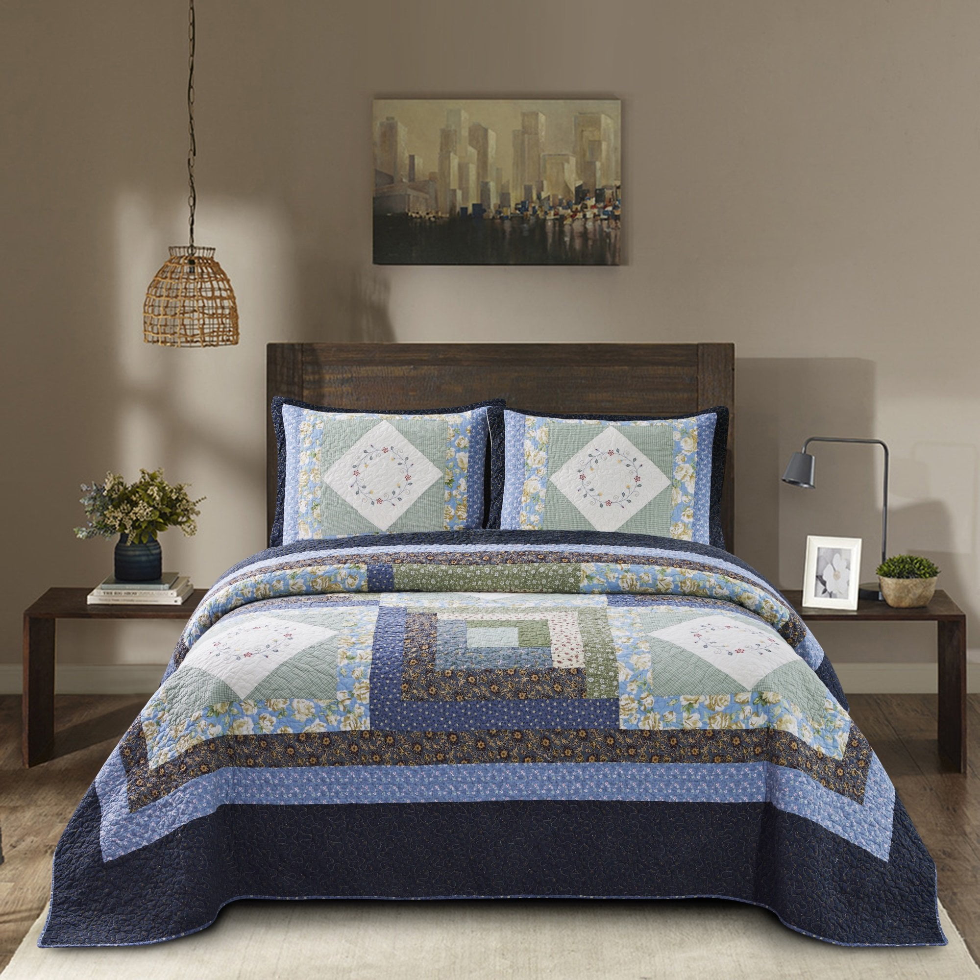 Kasentex Boho Quilt Decorative Print Bedspreads & Coverlets Cotton Bed Sheet, Blue, Queen Size