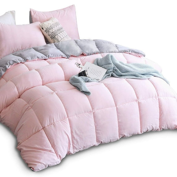 Kasentex All Season Down Alternative Quilted Comforter Set with Sham(s) - Reversible Ultra Soft Duvet Insert Hypoallergenic Machine Washable, Queen, Pink Potpourri/Quartz Silver