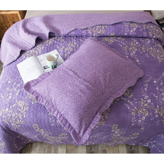 Kasentex Country-Chic Printed Pre-Washed Quilt Set. Soft Microfiber Fabric Quilted Design Purple King 3 Piece