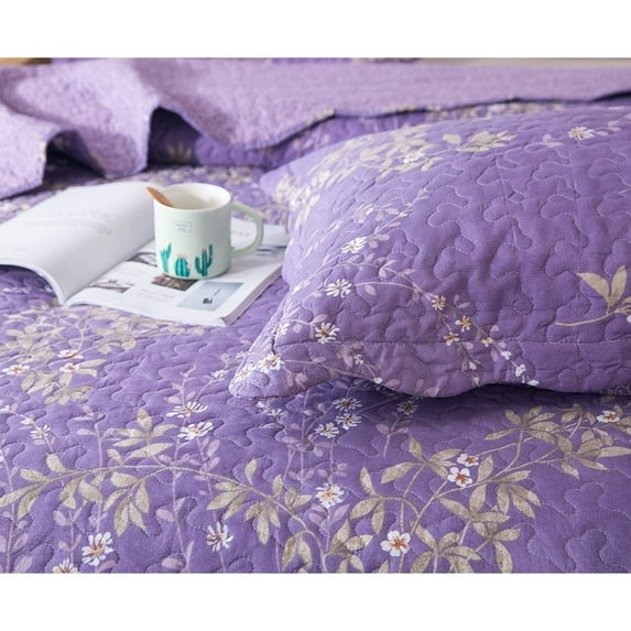 Kasentex Country-Chic Printed Pre-Washed Quilt Set. Soft Microfiber Fabric Quilted Design Purple Queen 3 Piece