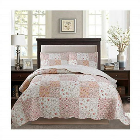Kasentex CountryChic Printed PreWashed Quilt Set. Microfiber Fabric Quilted Design. KING Quilt 2 Shams. MULTIPINK