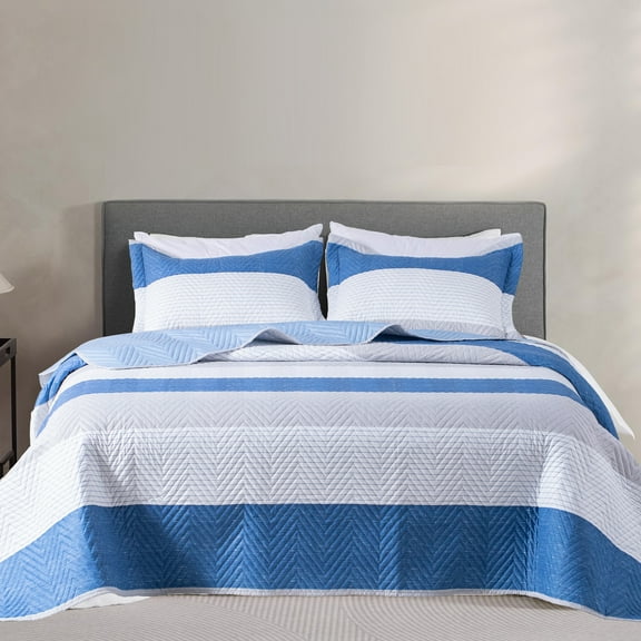 Kasentex Lightweight Reversible Stripe Quilt Set Bedding- Sky Blue and Ivory White