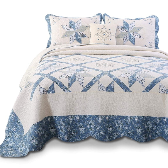 Kasentex Luxurious Quilted PatchWork Quilt Coverlet Bedspread - 100% Natural Cotton Machine Washable, Blue-Ivory, Full Size
