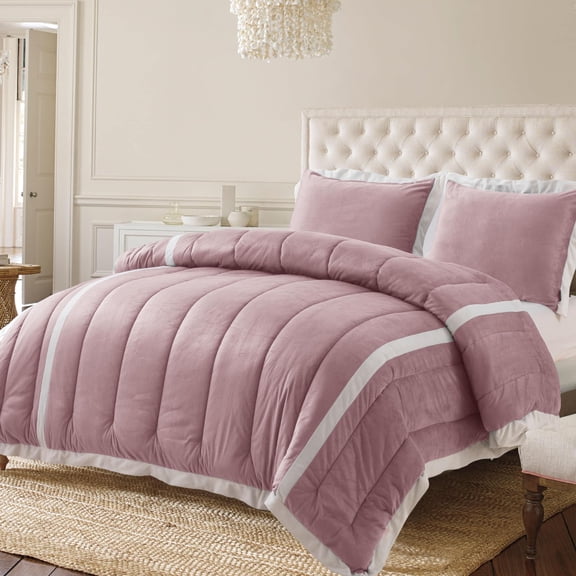 Kasentex Luxury Down Microfiber Comforter Set Stripe Design, Reversible, King Size, Pink