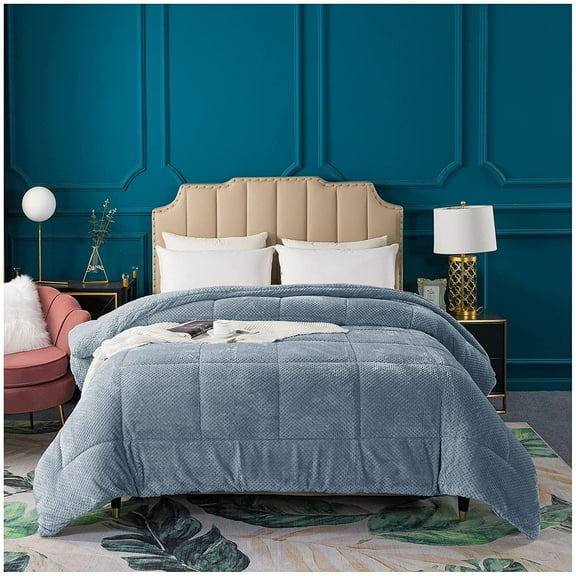 Kasentex Luxury Plush Comforter, Ultra Soft Cozy Reversible Sherpa Machine Washable Bedding Grey Blue Queen