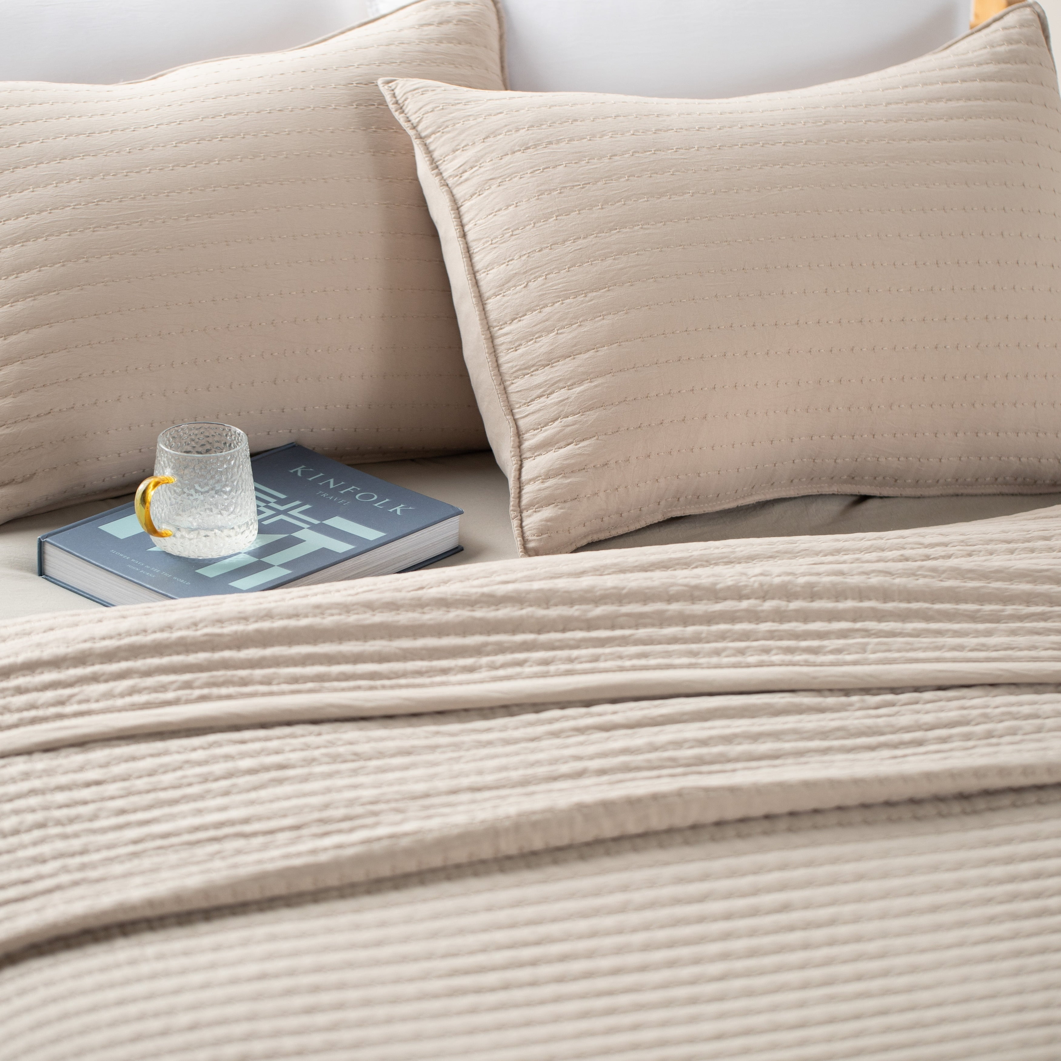 Oversized Queen Camel Microfiber Reversible Quilt Set with Shams